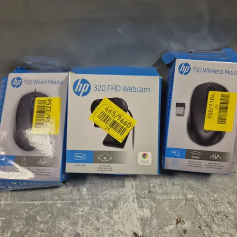 APPROXIMATELY 20 ASSORTED HP ELECTRICAL PRODUCTS TO INCLUDE WIRED MICE, WIRELESS MICE, WEBCAMS ETC 