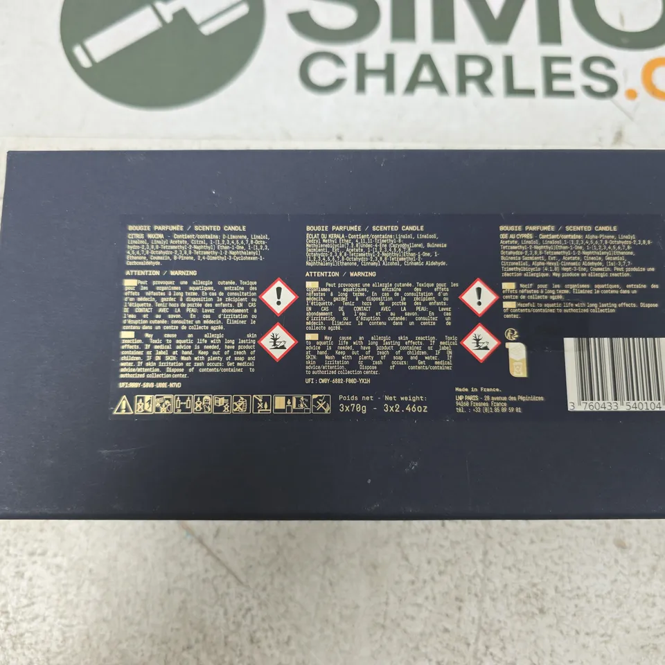 MAISON MONRAVEL SCENTED CANDLE SET – CITRUS MAXIMA; ODE AU CYPRÈS; ÉCLAT DU KERALA (3 × 70G)