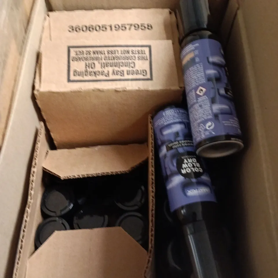 BOX OF APPROXIMATELY 30 MATRIX HAIRCARE PRODUCTS TO INCLUDE TEMPORARY COLOUR SPRAYS, BRASS OFF PROTECTING CREAMS AND VOLUME BOOSTERS