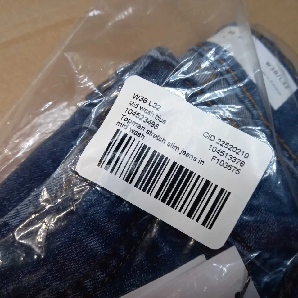 PACKAGED TOPSHOP BLUE STRETCH SLIM JEANS - SIZE W38/L32
