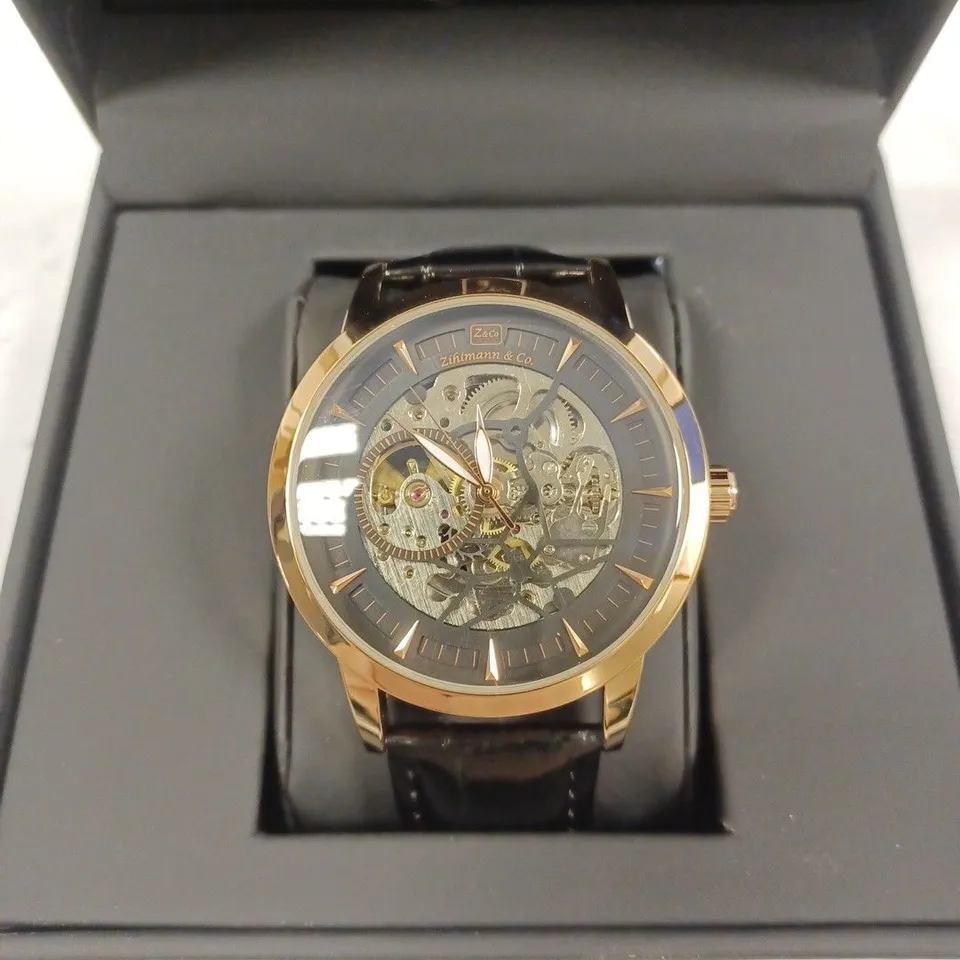 ZIHLMANN & CO GOLD EFFECT SKELETON BLACK LEATHER STRAP WRISTWATCH