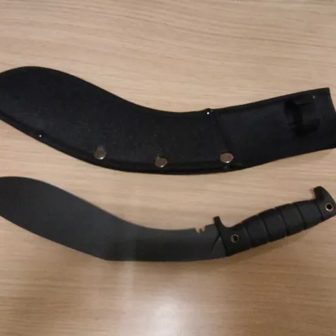 APPROXIMATELY 12 CURVED FIXED-BLADE KNIFE WITH BLACK SHEATH