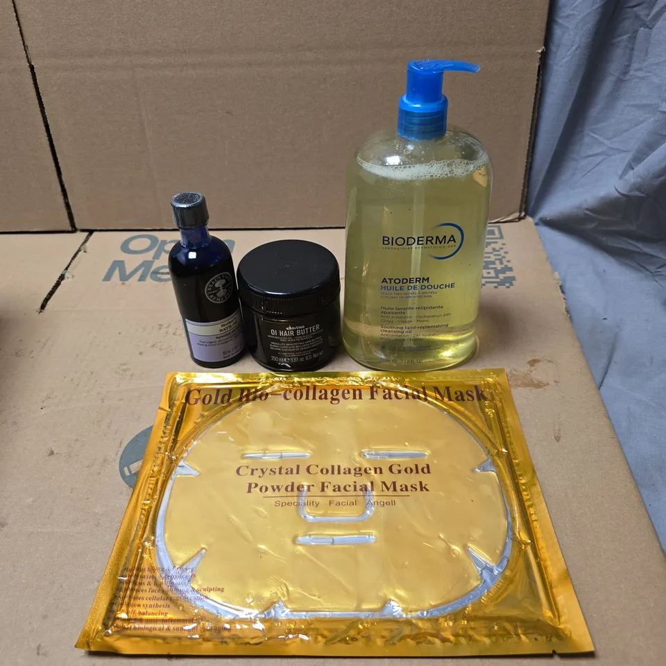 TOTE OF APPROXIMATELY 20 ASSORTED COSMETIC ITEMS TO INCLUDE COLLAGEN FACIAL MASK, BIODERMA CLEANSING OIL, NEALS YARD MOTHERS BATH OIL, OI HAIR BUTTER ETC