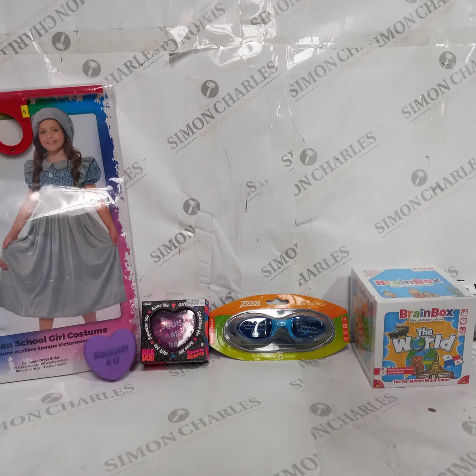 BOX OF APPROX 15 ASSORTED TOYS TO INCLUDE - SMIFFYS VICTORIAN SCHOOL GIRL COSTUME - NEEDOH SQUISHIE - UNBRANDED CONSOLE CONTROLLER ECT