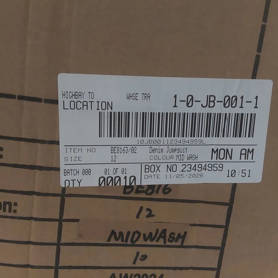 BOX CONTAINING APPROXIMATELY 10x BRAND NEW SIMPLY BE MID WASH DENIM JUMPSUITS - SIZE 12