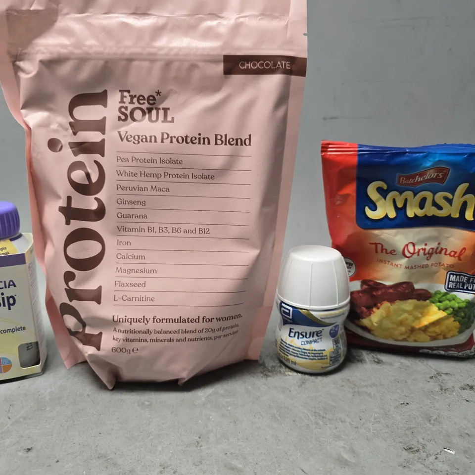 APPROXIMATELY 8 ASSORTED FOOD & DRINK ITEMS TO INCLUDE - SMASH INSTANT MASH POTATO , PROTEIN FREE SOIL VEGAN PROTEIN BLEND , NUTRICIA FORTSIP ETC
