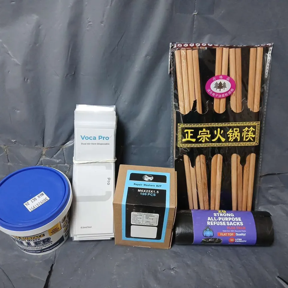 APPROXIMATELY 15 ASSORTED HOUSEHOLD ITEMS TO INCLUDE BIN BAGS, REPAIR WASHERS, CHOPSTICKS, ETC