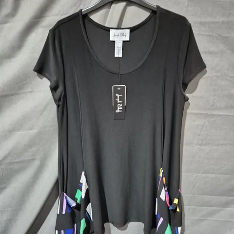 JOSEPH RIBKOFF WOMEN'S BLACK TUNIC TOP AND TROUSERS WITH MULTICOLOUR SIDE PANELS - SIZE 14