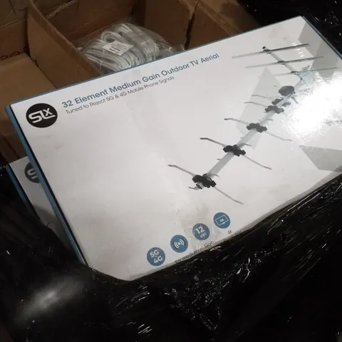 PALLET CONTAINING ASSORTED ELECTRICAL PRODUCTS INCLUDING 32 ELEMENT OUTDOOR TV AERIALS, TV AERIAL EXTENSION KITS & 1.5M JACK 3.5MM TO DOUBLE PHONO CABLE