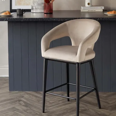 BOXED HEATH CHAMPAGNE PLUSH VELVET BLACK WOOD BAR STOOL