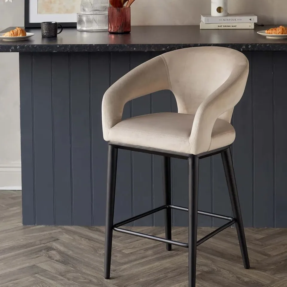 BOXED HEATH CHAMPAGNE PLUSH VELVET BLACK WOOD BAR STOOL