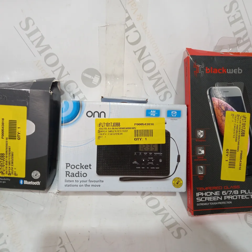 LOT OF APPROXIMATELY 20 ASSORTED HOUSEHOLD ITEMS TO INCLUDE ASDA TECH TRUE WIRELESS EARBUDS, ONN POCKET RADIO, BLACKWEB IPHONE 6/7/8 PLUS SCREEN PROTECTOR, ETC