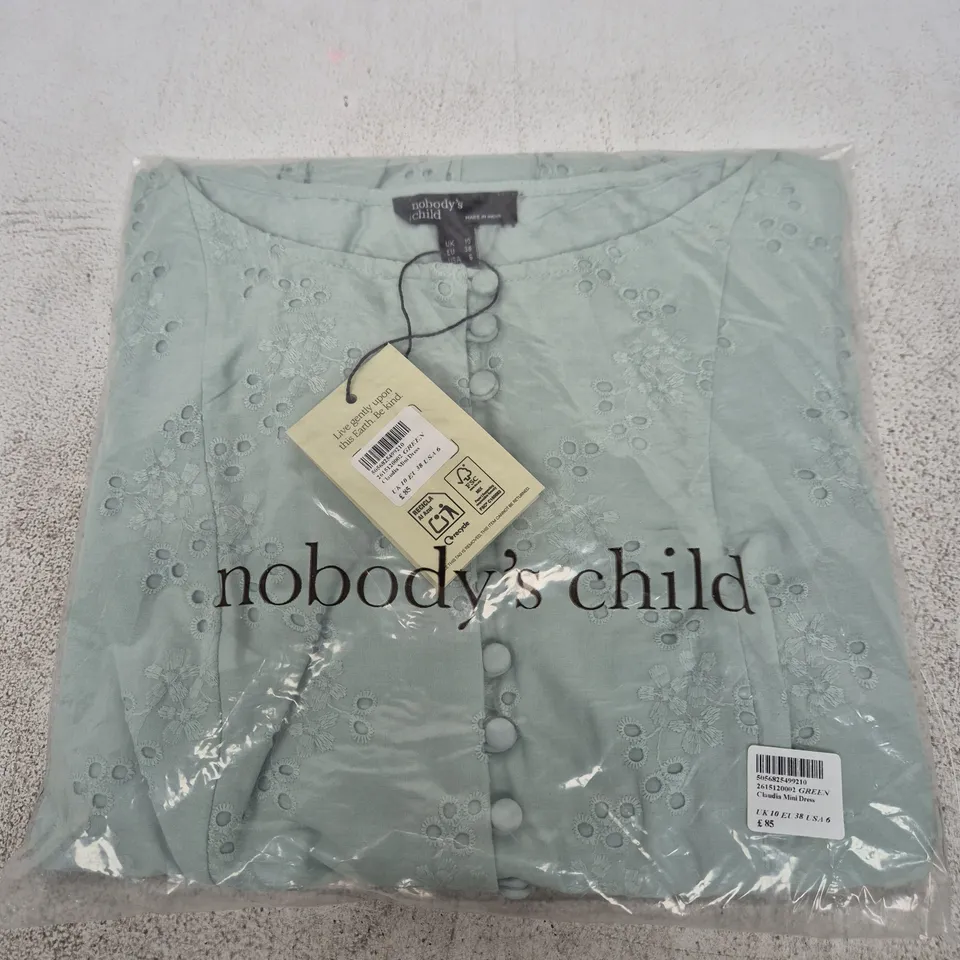 BAGGED NOBODY'S CHILD CLAUDIA MINI DRESS – UK 10 (EU 38) – LIGHT GREEN/BLUE