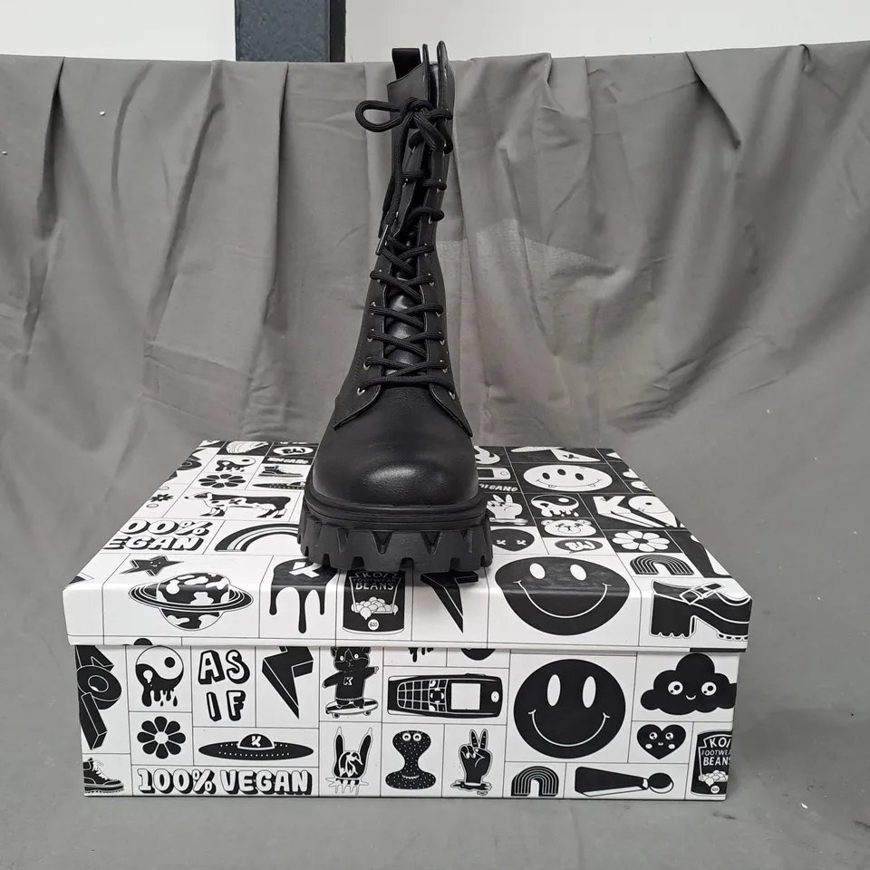 BOXED PAIR OF KOI VEGAN SIREN CHUNKY BOOTS IN BLACK UK SIZE 9