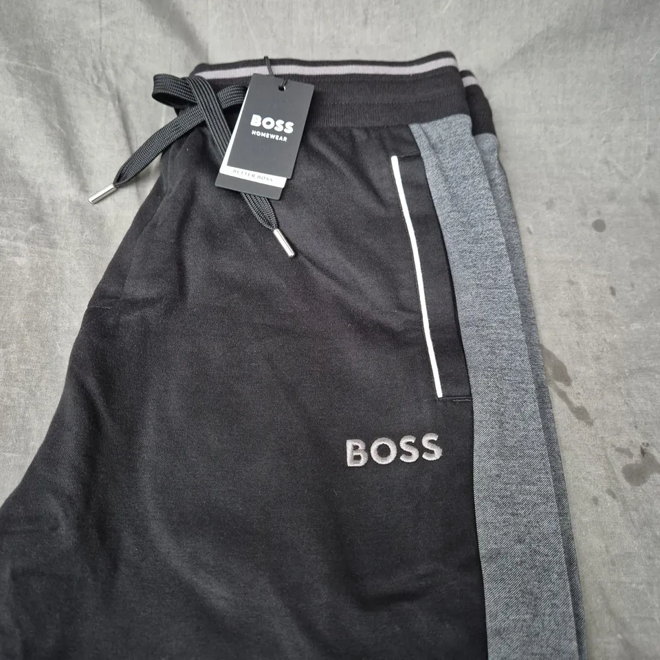 HUGO BOSS TRACKSUIT PANTS – BLACK WITH GREY SIDE STRIPE (MEN'S) - LARGE