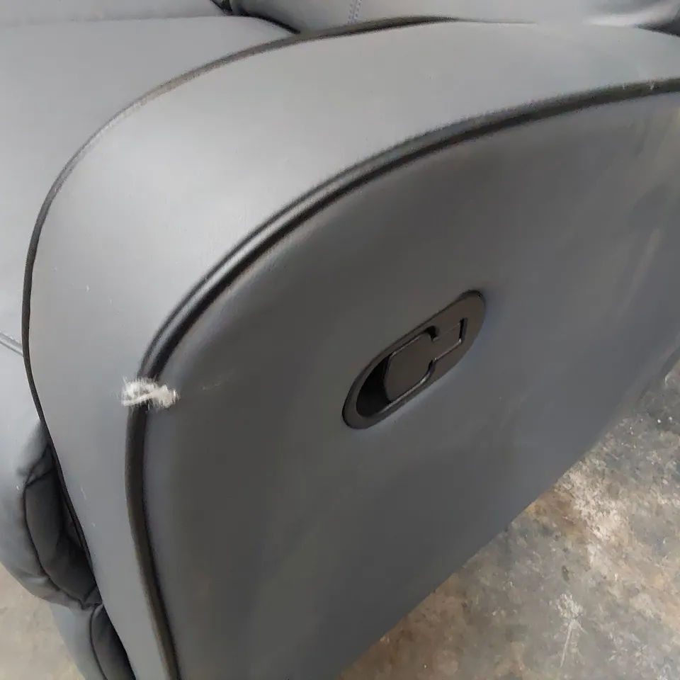 DESIGNER MANUAL RECLINING TWO SEATER SOFA GREY LEATHER WITH BLACK PIPING