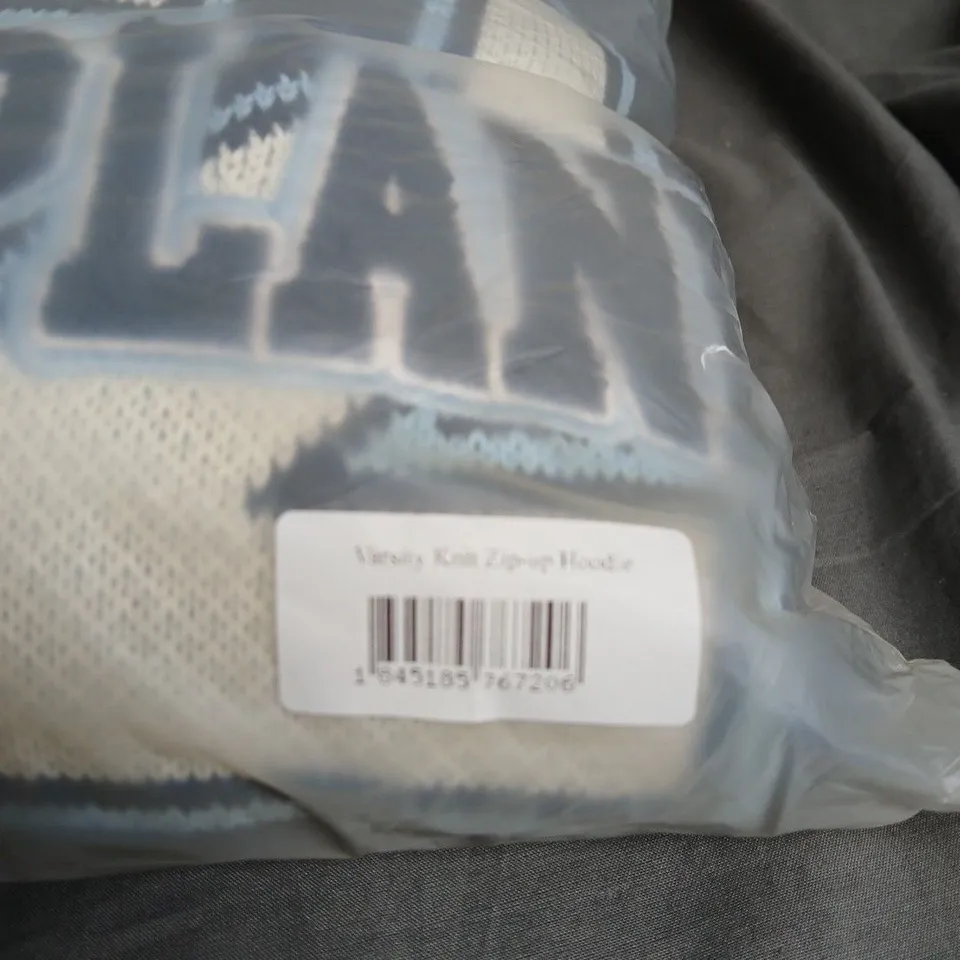 VARSITY KNIT ZIP UP HOODIE WITH BLUE GRAPHIC PRINT  - SIZE XL 