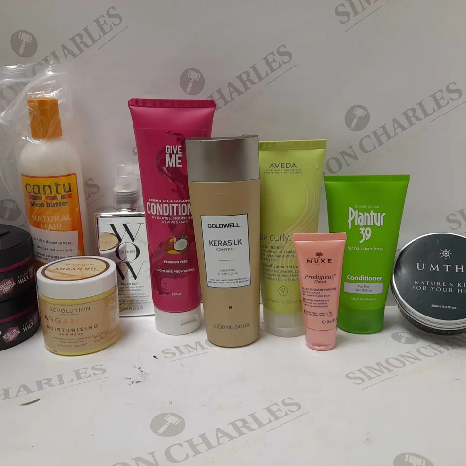 LOT OF APPROX 12 ASSORTED HAIRCARE PRODUCTS TO INCLUDE REVOLUTION ARGAN OIL HAIR MASK, GOLDWELL KERASILK SHAMPOO, PLANTUR 39 CONDITIONER, ETC 