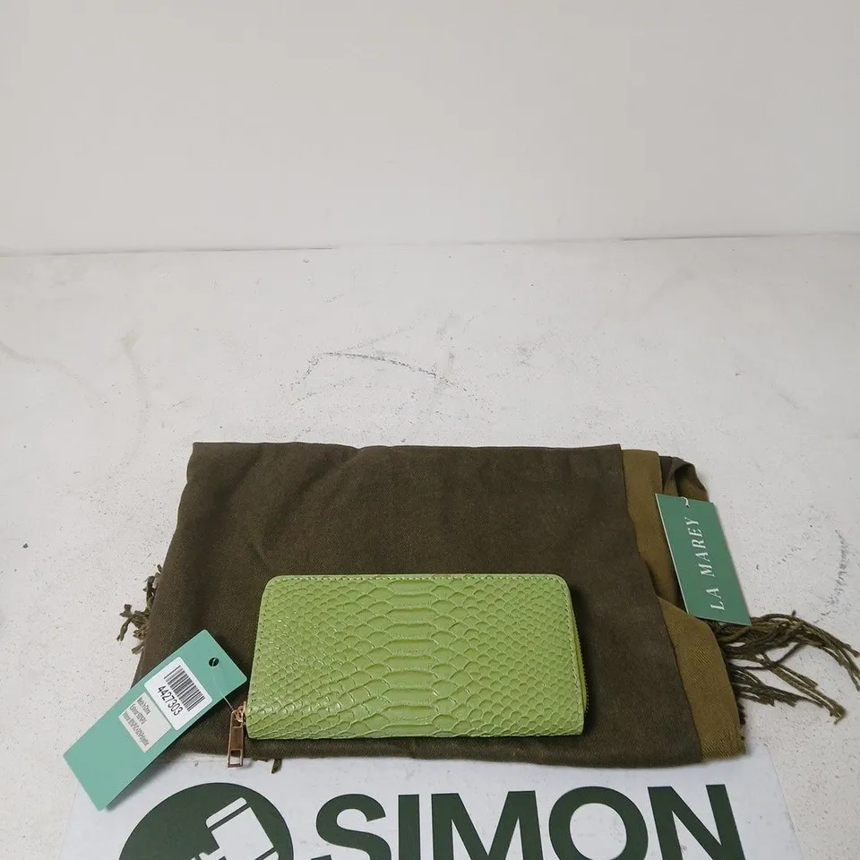 LA MAREY SNAKE SKIN PURSE AND SCARF SET GREEN
