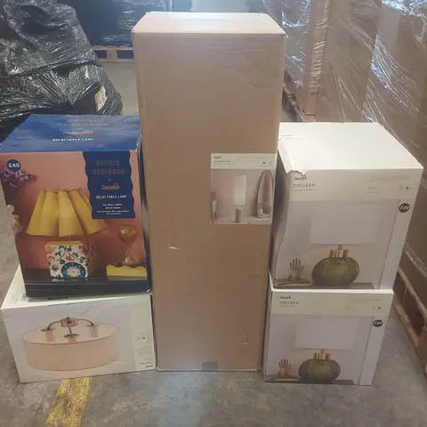 PALLET CONTAINING A VERY LARGE QUANTITY OF ASSORTED DESIGNER LIGHTING PRODUCTS INCLUDING: COLLEEN TABLE LAMPS, CLEMENTINE FLOOR LAMP, BELDI TABLE LAMP ECT