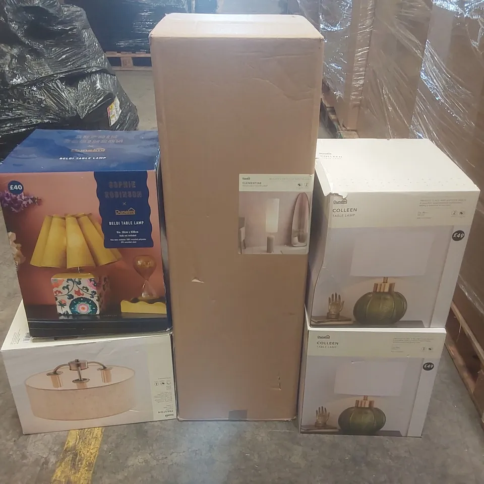 PALLET CONTAINING A VERY LARGE QUANTITY OF ASSORTED DESIGNER LIGHTING PRODUCTS INCLUDING: COLLEEN TABLE LAMPS, CLEMENTINE FLOOR LAMP, BELDI TABLE LAMP ECT