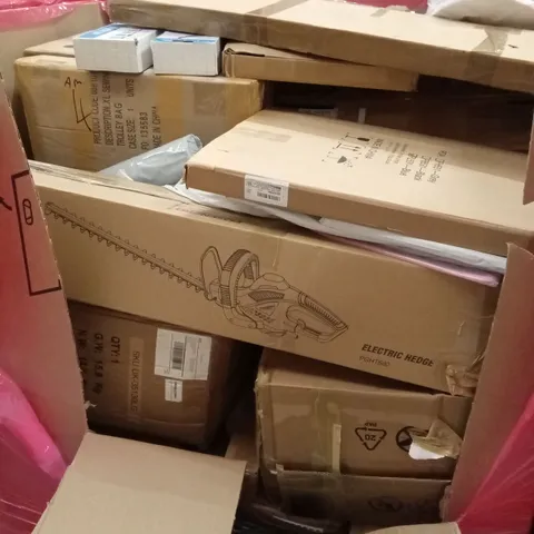 PALLET OF ASSORTED HOUSEHOLD GOODS AND PRODUCTS TO INCLUDE; ELECTRIC HEDGE TRIMMER, SEWING MACHINE, BOXED FURNITURE ETC