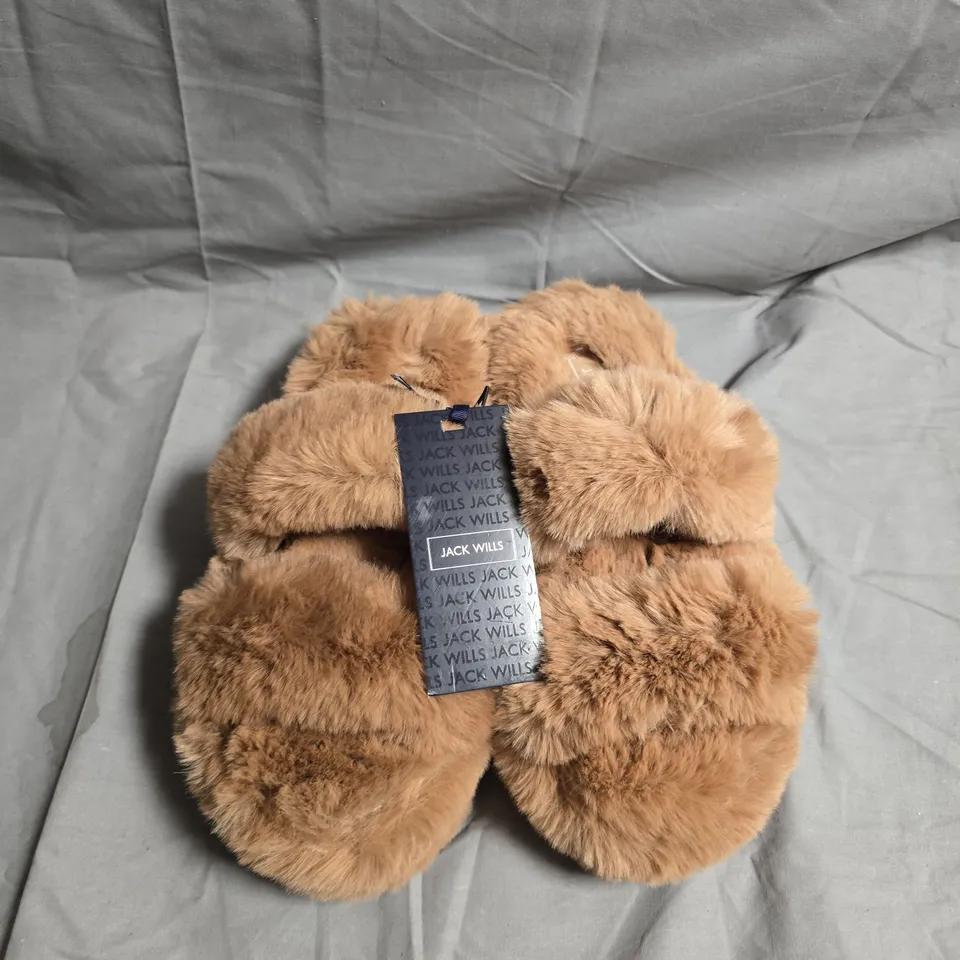 JACK WILLS FLUFFY STRAP SLIPPERS – CAMEL, MEN'S UK 5-6 