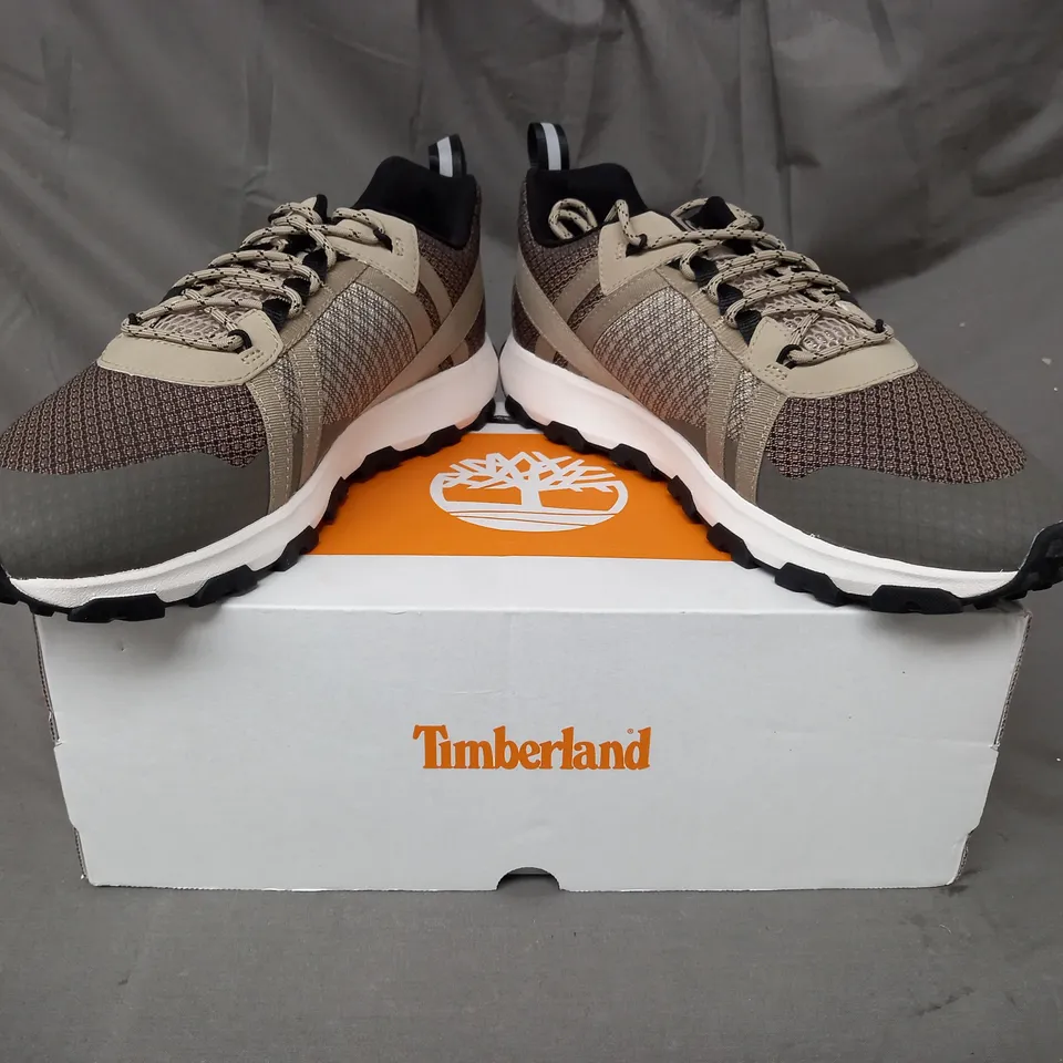 BOXED PAIR OF TIMBERLAND WINSOR TRAIL SHOES IN LIGHT BROWN MESH UK SIZE 9