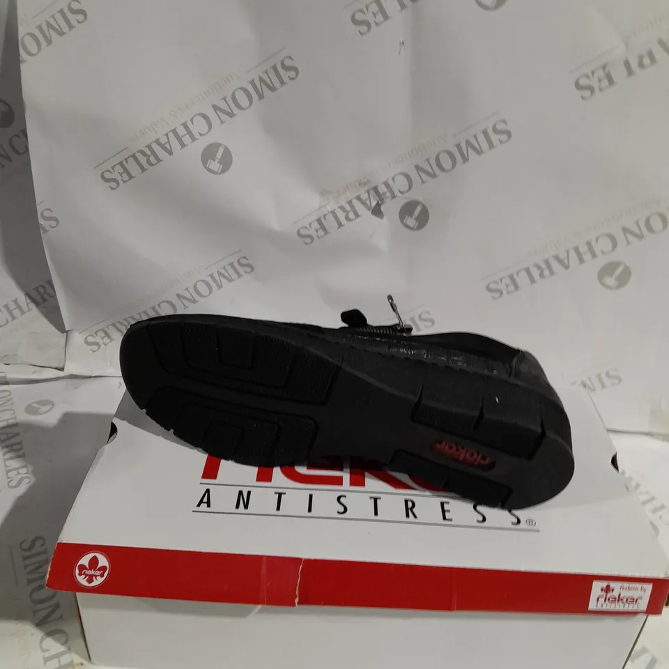 BOXED PAIR OF RIEKER WEDGE TRAINERS IN BLACK - SIZE 7.5