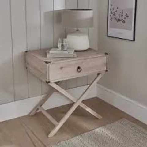 BRAND NEW BOXED NATURAL CROSSED LEGGED WOODEN BEDSIDE CABINET