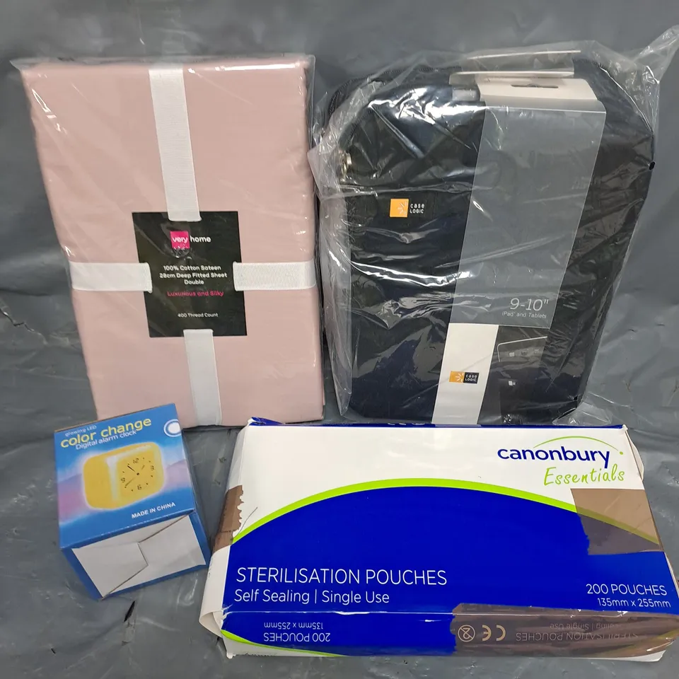 APPROXIMATELY 20 ASSORTED HOUSEHOLD ITEMS TO TABLET CASES, ALARM CLOCK, BED SHEETS ETC 