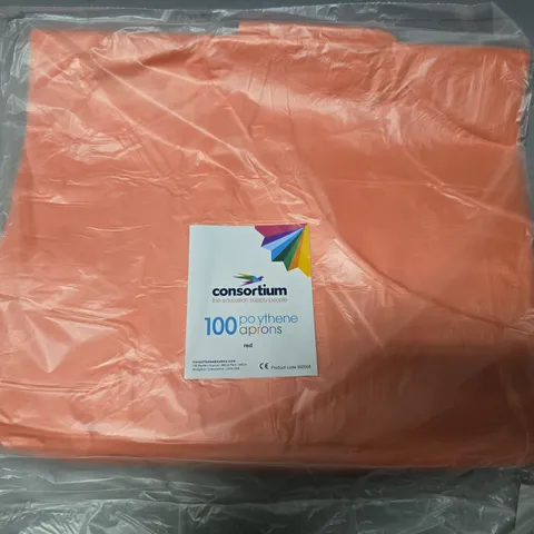 BOX OF APPROXIMATELY 100 CONSORTIUM POYTHENE APRONS RED 