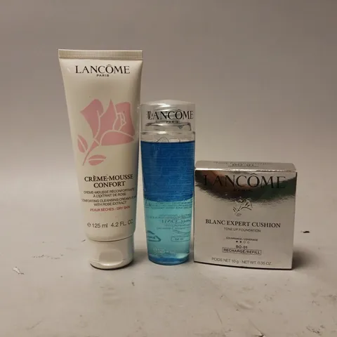 3 LANCOME BEAUTY PRODUCTS TO INCLUDE CRΓME-MOUSSE CONFORT COMFORTING CLEANSING CREAMY FOAM, INSTANT CLEANSER SENSITIVE EYES, BLANC EXPERT CUSHION TONE UP FOUNDATION