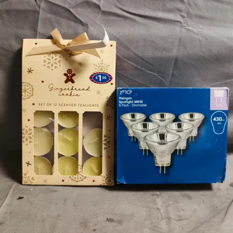 APPROXIMATELY 10 ASSORTED HOUSEHOLD ITEMS TO INCLUDE TEALIGHT CANDLES, HALOGEN SPOTLIGHTS, ETC