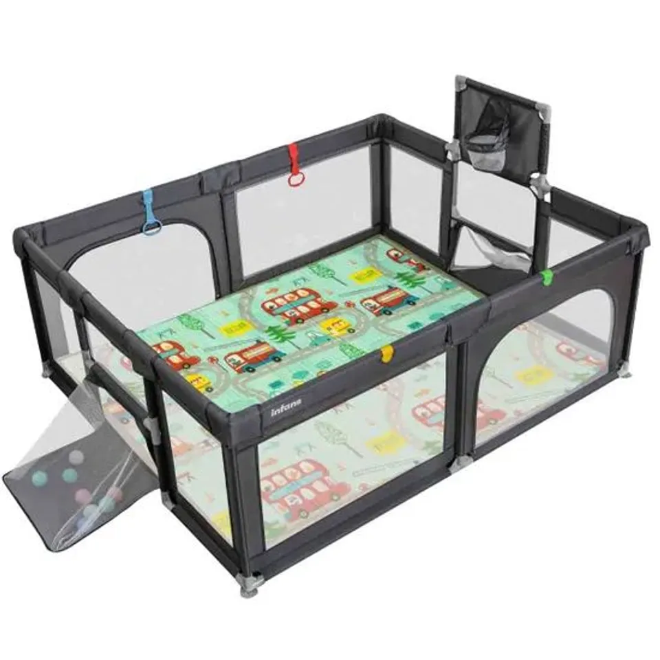 COSTWAY LARGE BABY PLAYPEN WITH MAT WITH BASKETBALL HOOP AND SOCCER NETS-GREY