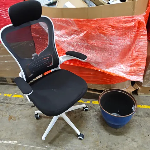 PALLET OF ASSORTED ITEMS TO INCLUDE, LIT 4' BIRCH TREE, TOILET SEAT, OFFICE CHAIR WHITE/MESH, GARDEN PLANTER, CLOTHES RACK,