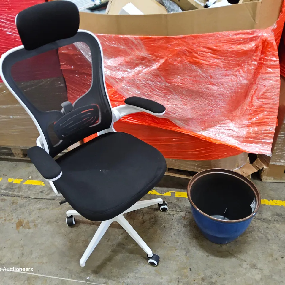 PALLET OF ASSORTED ITEMS TO INCLUDE, LIT 4' BIRCH TREE, TOILET SEAT, OFFICE CHAIR WHITE/MESH, GARDEN PLANTER, CLOTHES RACK,