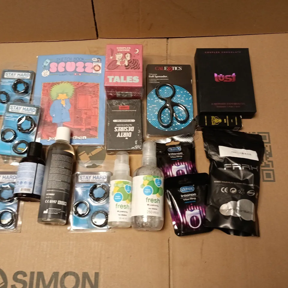 LOT OF 17 ASSORTED ADULT PLEASURE ITEMS TO INCLUDE C*CK RINGS, COUPLE CHOCOLATE, DUREX VIBE RINGS AND LUBES