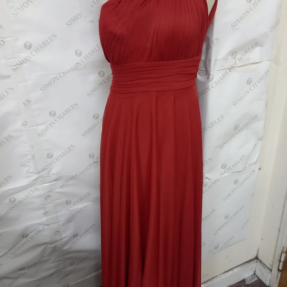 AZAZIE CHARLIZE PLEATED ASSYMETRICAL MAXI DRESS IN BURNT RED SIZE 12