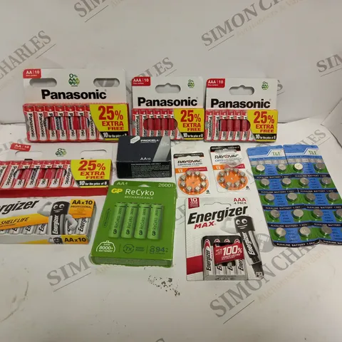 APPROXIMATELY 40 ASSORTED BATTERIES IN VARIOUS MODELS TO INCLUDE AA, AAA, CELL BATTERIES ETC