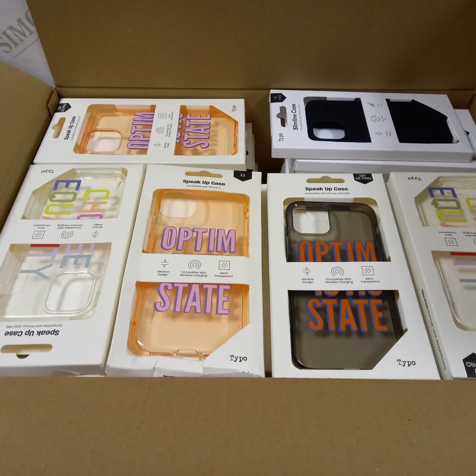 BOX OF APPROXIMATELY 50 TYPO PHONES CASES ('SLIMLINE CASE' & 'SPEAK UP CASE') FOR IPHONE 11, 12 MINI, 12/12PRO IN VARYING COLOURS