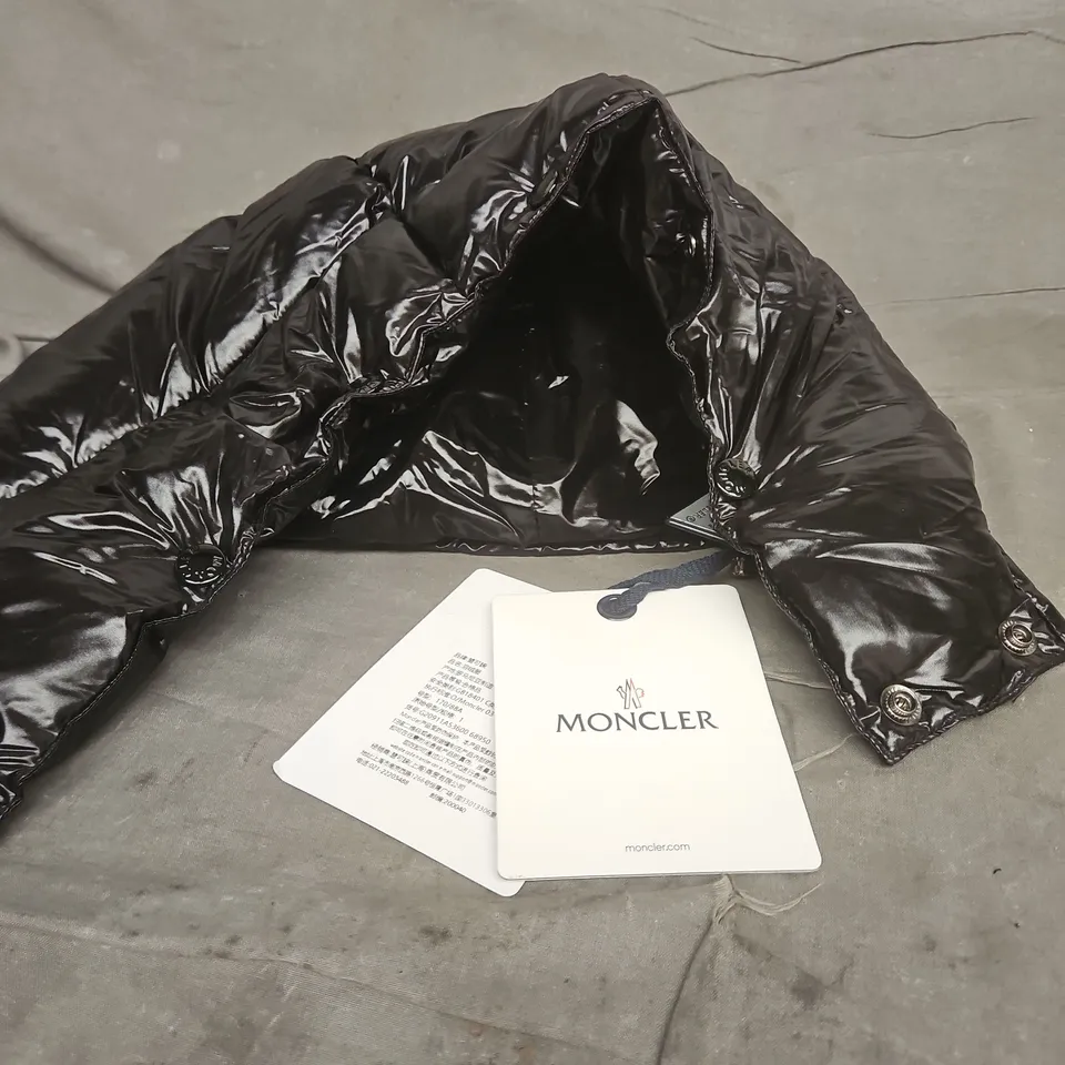 MONCLER BLACK MAYA JACKET WITH HOOD, SIZE 1 WITH TAGS