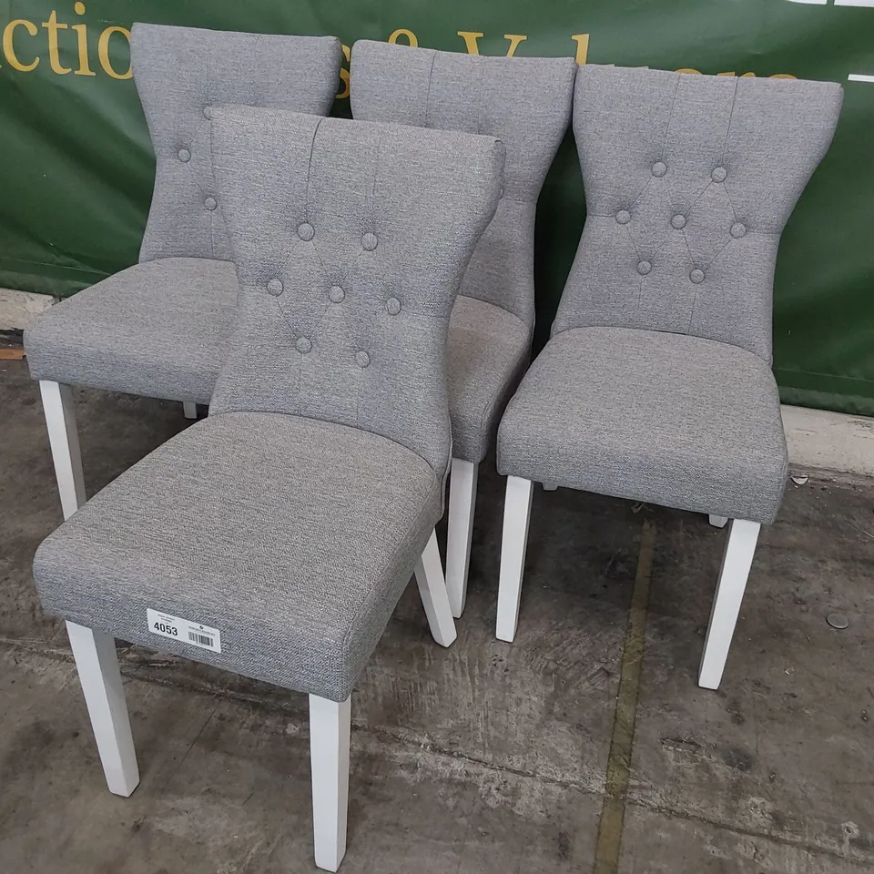SET OF FOUR UPHOLSTERED DINING CHAIRS BUTTONED BACK GREY FABRIC ON WHITE PAINTED LEGS 