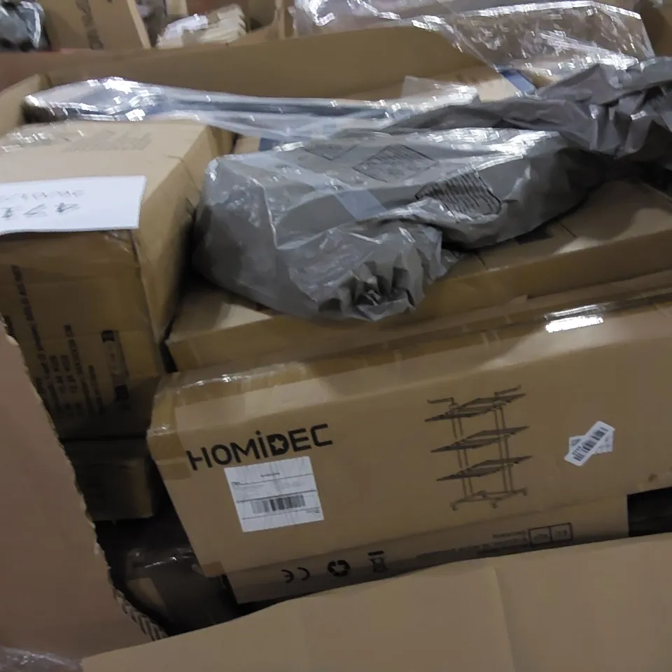 PALLET TO CONTAIN ASSORTED HOUSEHOLD ITEMS AND CONSUMER PRODUCTS. INCLUDING FOLDING STORAGE OTTOMAN, FOLDING CHAIRS, PURIFIER AND HEATER FAN, BOXED FURNITURE ETC