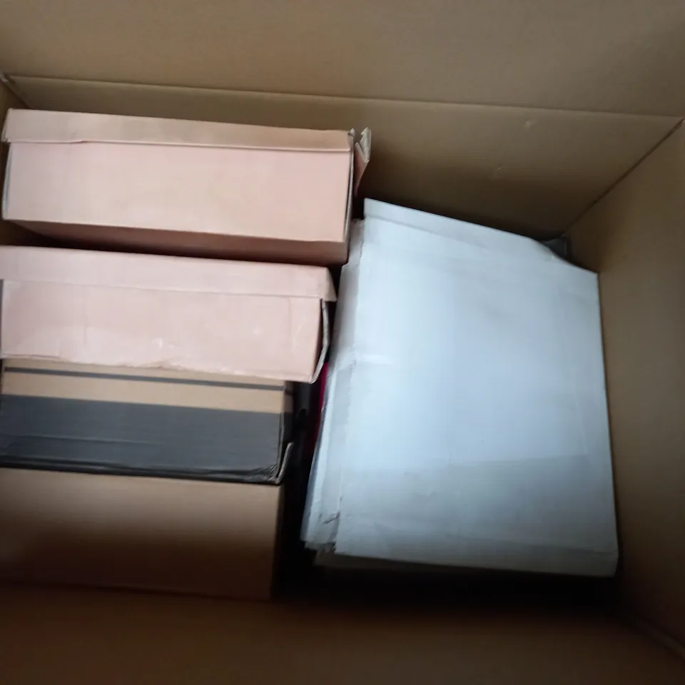 A BOX OF APPROX 20 PAIRS OF SHOES. THREE INCLUDE PINK AND BLUE HIGH HELS, BLACK SPARKLY FLAT HEELS, AN BEIGE HEELS