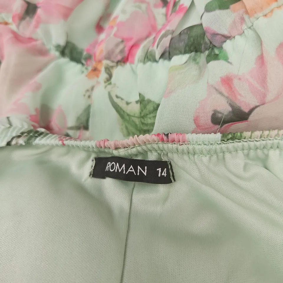 ROMAN FLORAL MAXI DRESS – UK SIZE 14, MINT GREEN WITH PINK FLOWERS