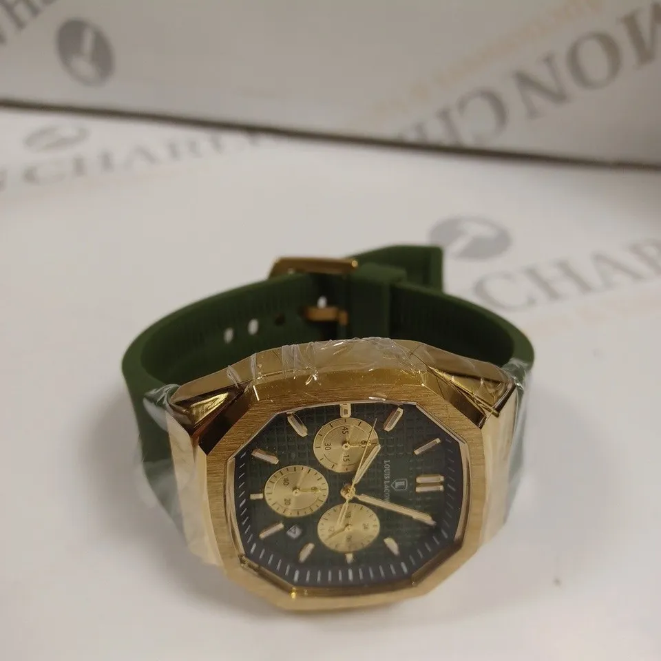 MENS LOUIS LACOMBE CHRONGRAPH WATCH – 3 SUB DIALS – GOLD COLOUR CASE – GREEN RUBBER STRAP