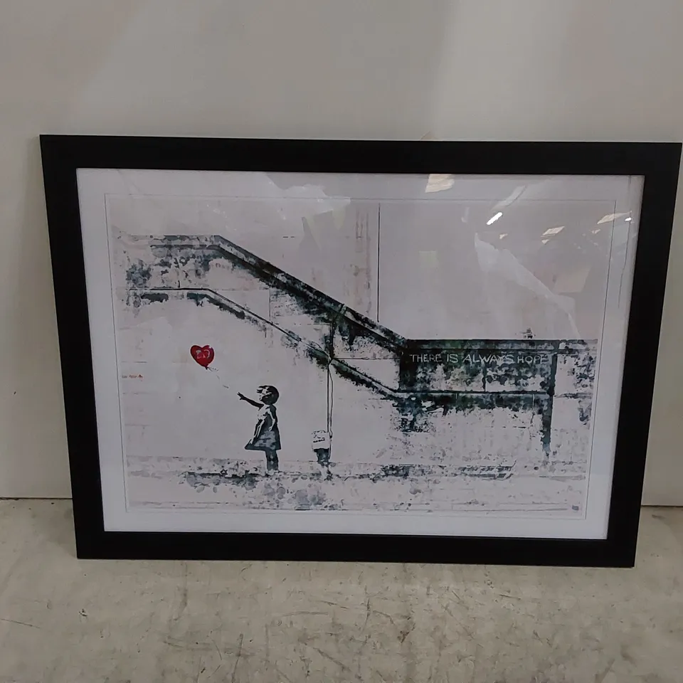 BOXED THERE IS ALWAYS HOPE GIRL WITH RED BALLOON FRAMED PICTURE 