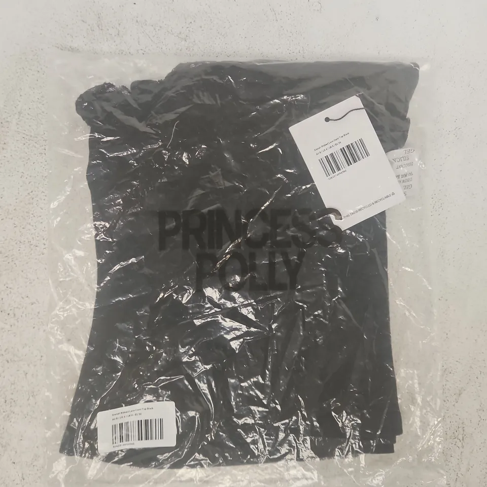BAGGED PRINCESS POLLY SIENAH RIBBED LACE CAMI TOP IN BLACK SIZE UK 8