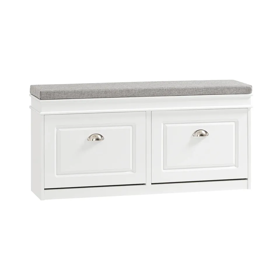 BOXED SOBUY FSR64-W WHITE HALLWAY SHOE BENCH WITH 2 FLIP DRAWERS & PADDED SEAT – W104 X D24 X H52CM